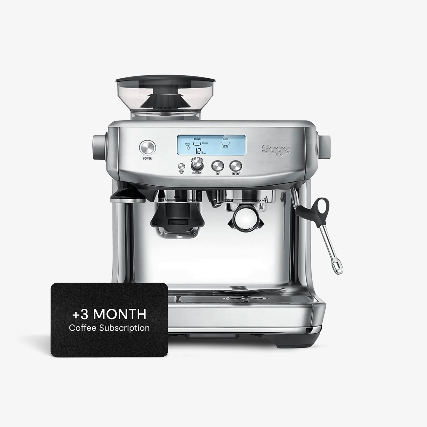 A steel Sage Barista Pro espresso machine featuring a built-in grinder, LCD display, steam wand, and a free 3-month coffee subscription, ideal for making barista-quality coffee at home.