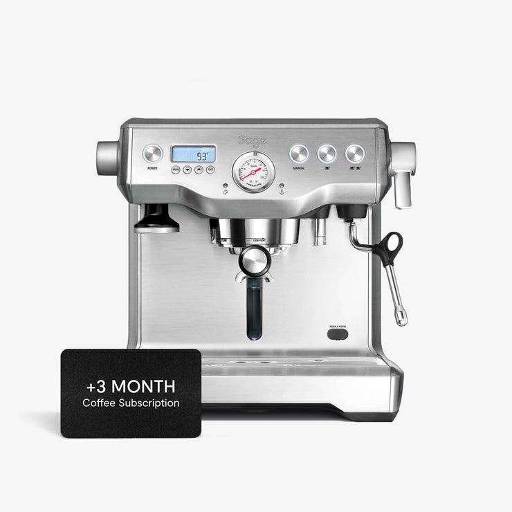 A steel Sage Dual Boiler espresso machine with dual stainless steel boilers, PID temperature control, and manual steam wand for precise, barista-quality coffee brewing at home
