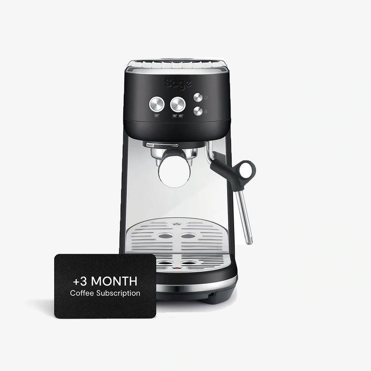 A black Sage Bambino coffee machine featuring a compact design, fast ThermoJet heating, manual steam wand, and PID temperature control for making barista-quality coffee at home.