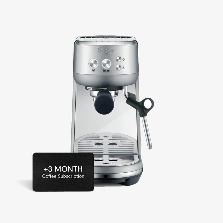 A steel Sage Bambino coffee machine featuring a compact design, fast ThermoJet heating, manual steam wand, and PID temperature control for making barista-quality coffee at home.