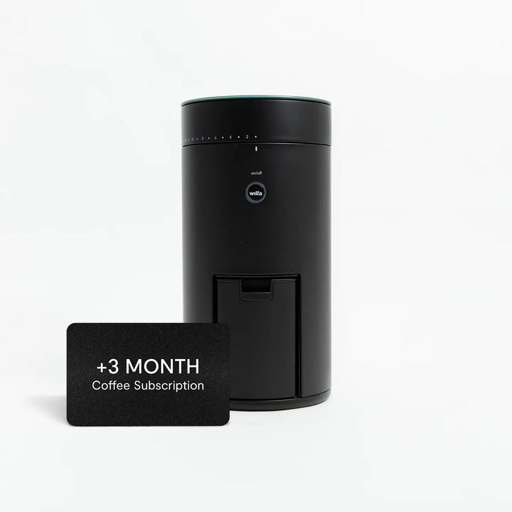 A Wilfa Uniform coffee grinder with precision stainless steel flat burrs, digital timer, scales, and compact design for consistent, uniform coffee ground